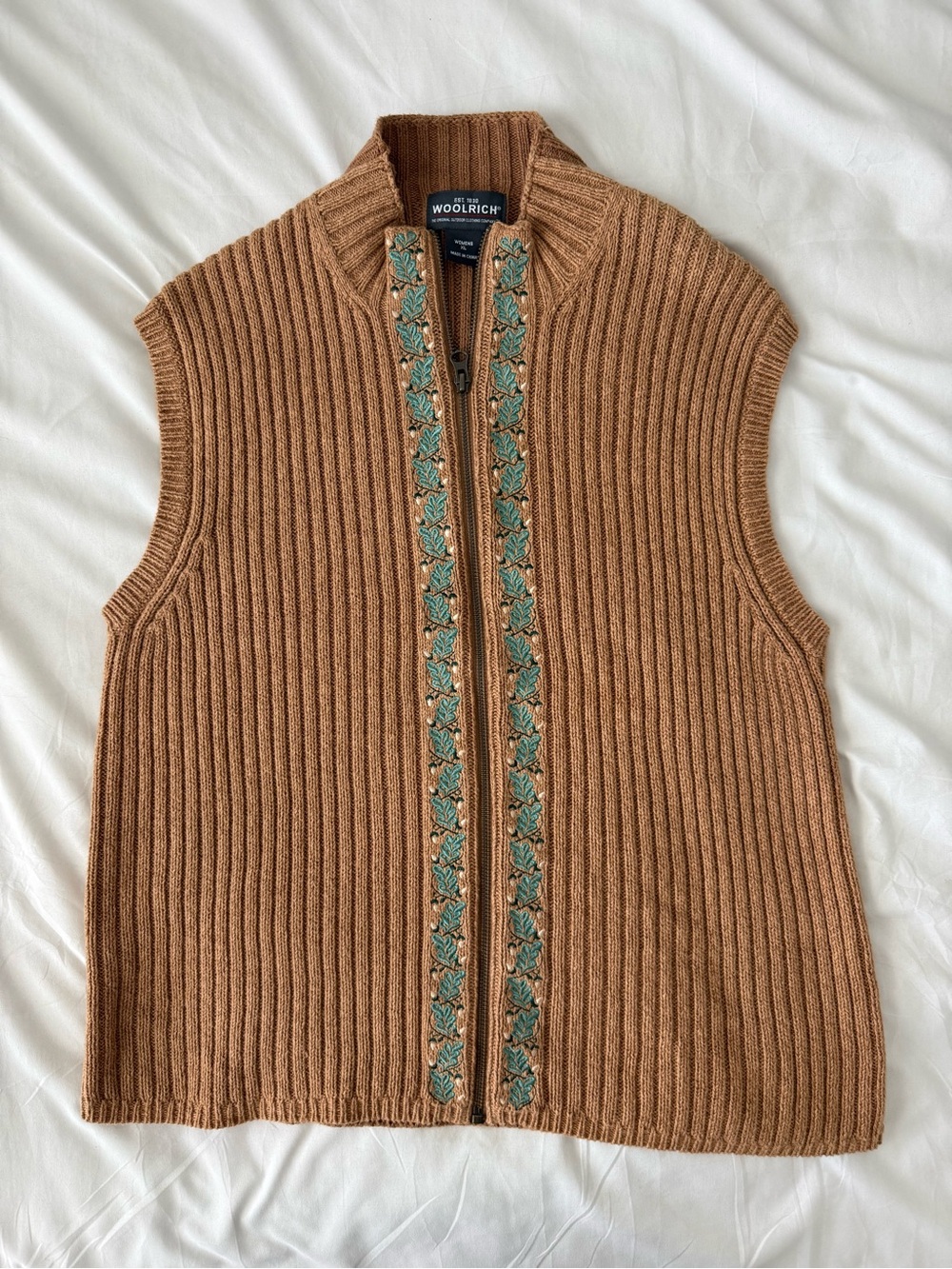 Woolrich Knit Vest XL Clove Brown Embroidered Fall Zip Up Layering Top Cotton